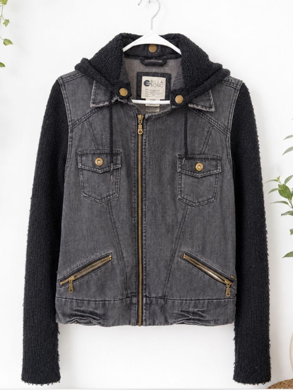 Billabong Charcoal Denim Jacket with Black Knit Hood & Sleeves